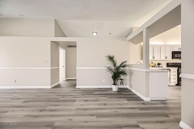 interior space featuring lofted ceiling, hardwood / wood-style flooring, and a textured ceiling