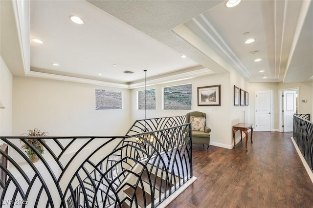 hall featuring dark hardwood / wood-style floors and a raised ceiling