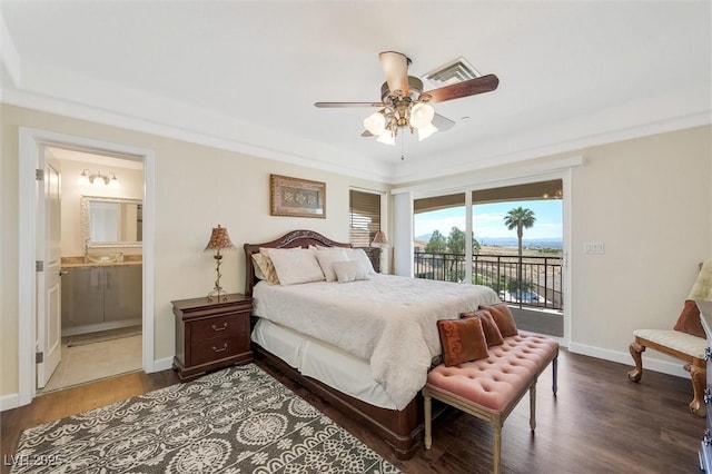 bedroom with dark wood-type flooring, access to outside, ceiling fan, and ensuite bathroom