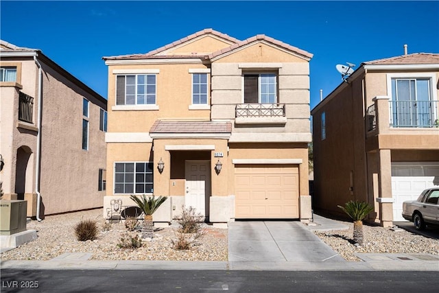 view of front facade featuring a balcony and a garage