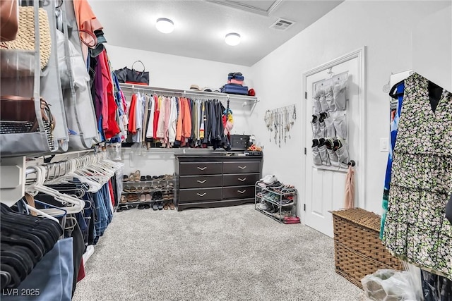 walk in closet with carpet flooring