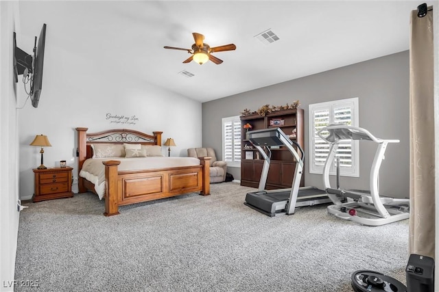 bedroom with ceiling fan and carpet