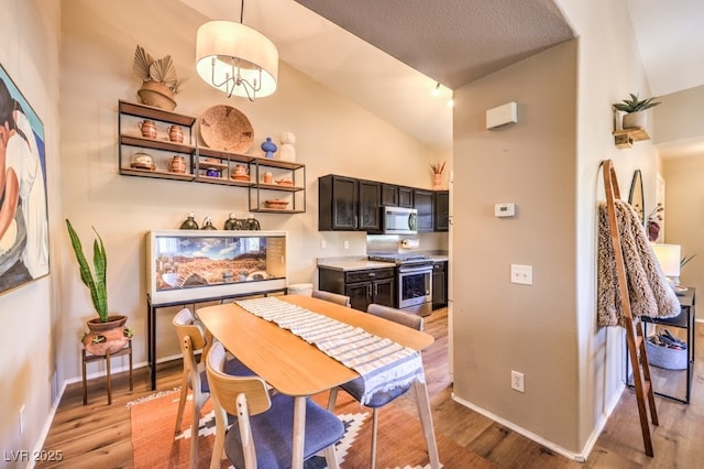 dining room featuring light hardwood / wood-style floors and vaulted ceiling