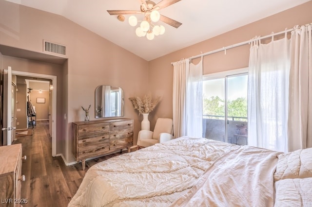 bedroom featuring access to outside, ceiling fan, dark hardwood / wood-style floors, and lofted ceiling