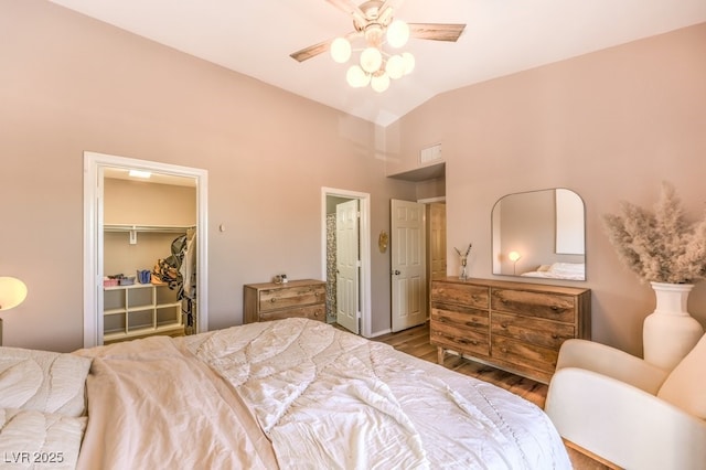 bedroom featuring vaulted ceiling, ceiling fan, a spacious closet, wood-type flooring, and a closet