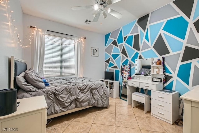 bedroom featuring ceiling fan and light tile patterned flooring