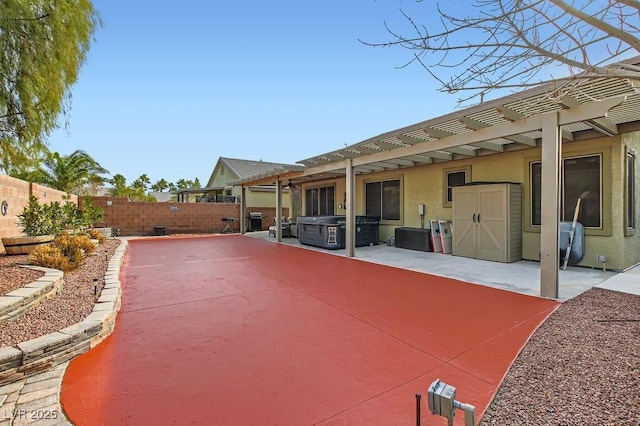 view of swimming pool with a pergola, a patio, and a hot tub