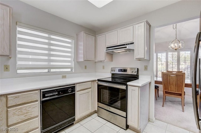 kitchen featuring hanging light fixtures, black dishwasher, a chandelier, stainless steel electric stove, and light tile patterned flooring