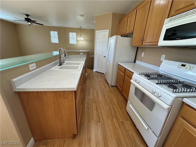 kitchen with white appliances, decorative light fixtures, sink, light wood-type flooring, and ceiling fan