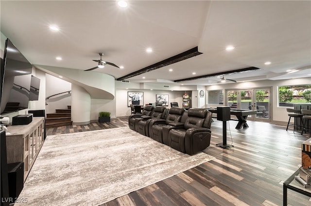 home theater featuring beamed ceiling, wood finished floors, a ceiling fan, and recessed lighting