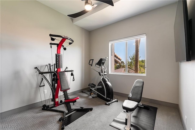 workout room featuring baseboards, a ceiling fan, and carpet floors