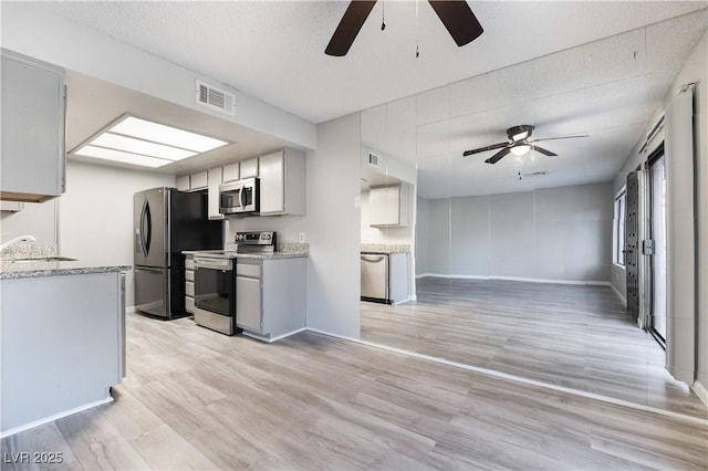 kitchen featuring ceiling fan, sink, light wood-type flooring, and stainless steel appliances