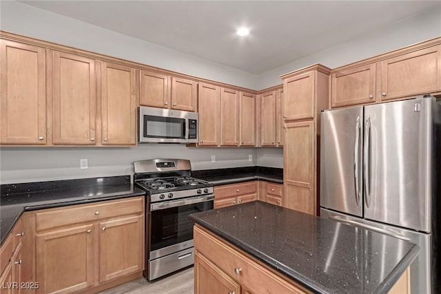 kitchen featuring light hardwood / wood-style floors, dark stone countertops, and stainless steel appliances