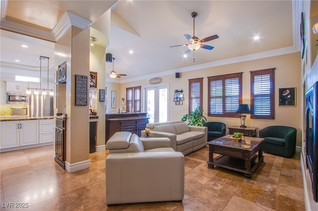 living room featuring ceiling fan, french doors, and crown molding