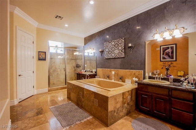 bathroom featuring vanity, crown molding, and independent shower and bath