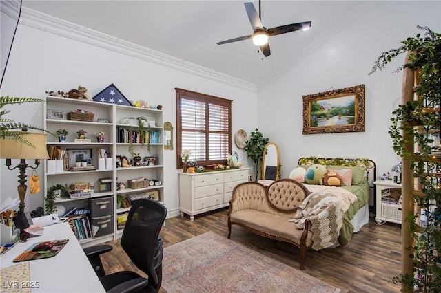 office area with ornamental molding, dark hardwood / wood-style flooring, lofted ceiling, and ceiling fan