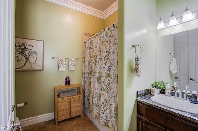 bathroom with vanity, crown molding, and a shower with shower curtain