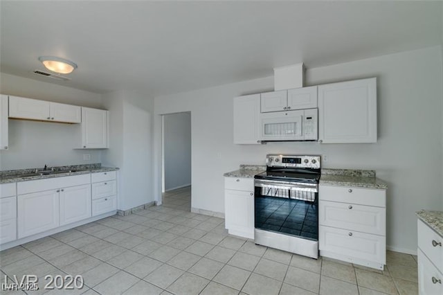 kitchen with white cabinetry, sink, light stone counters, and stainless steel electric range