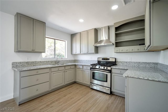 kitchen with gray cabinetry, sink, wall chimney exhaust hood, and stainless steel gas range