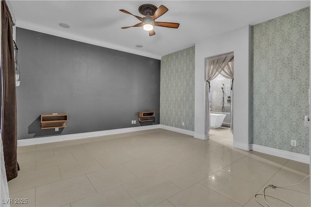 empty room featuring light tile patterned floors, heating unit, and ceiling fan