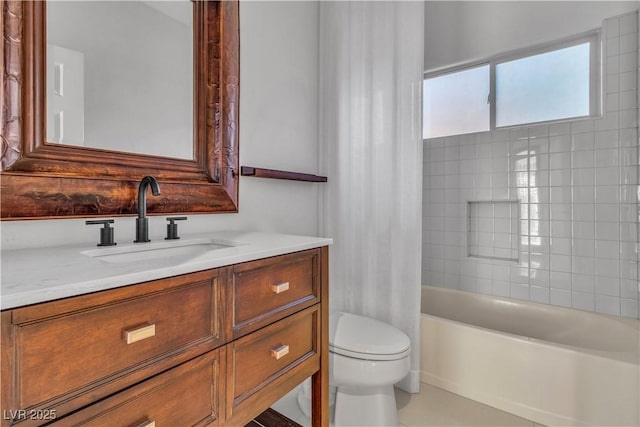 full bathroom featuring vanity, shower / tub combo, and toilet