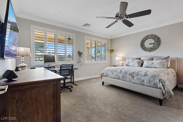 bedroom featuring carpet, ceiling fan, and crown molding