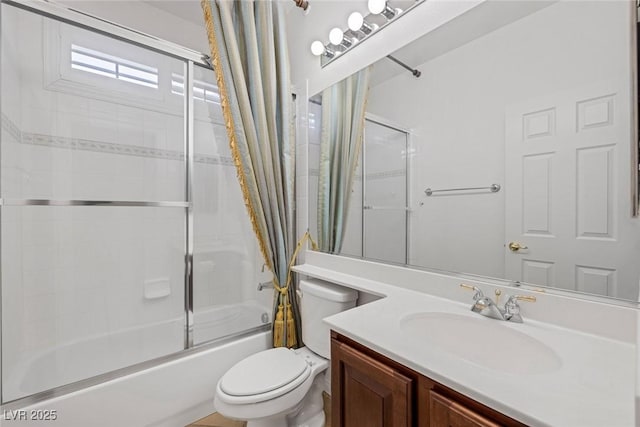 full bathroom featuring vanity, shower / tub combo, and toilet