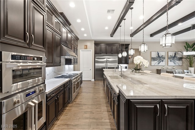 kitchen featuring a large island with sink, sink, hanging light fixtures, premium appliances, and beam ceiling