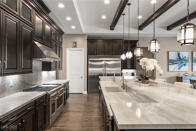 kitchen featuring beam ceiling, range hood, decorative light fixtures, dark brown cabinets, and high end appliances