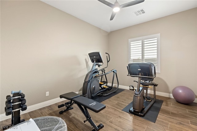 workout area featuring ceiling fan