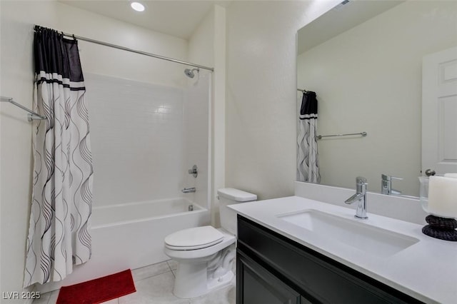 full bathroom featuring toilet, tile patterned flooring, vanity, and shower / tub combo with curtain