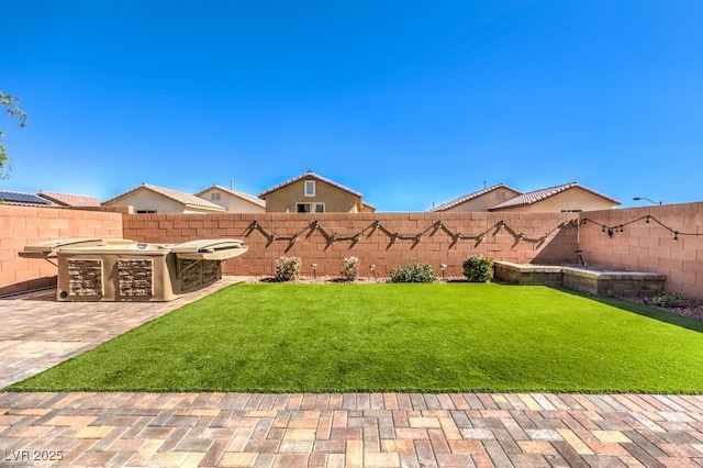 view of yard featuring a patio and an outdoor kitchen