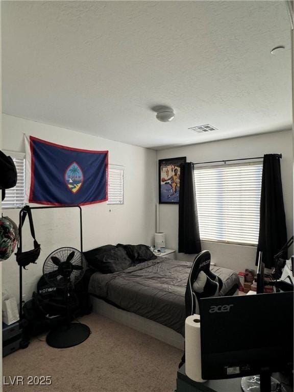 bedroom featuring carpet floors and a textured ceiling