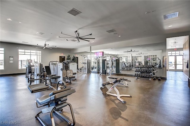 workout area featuring ceiling fan