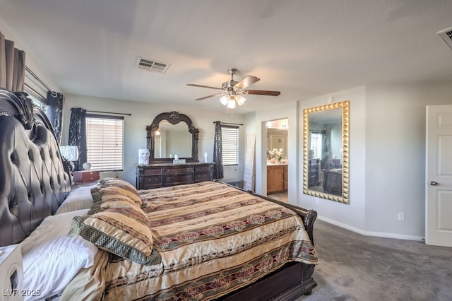 bedroom with carpet, ceiling fan, and ensuite bathroom