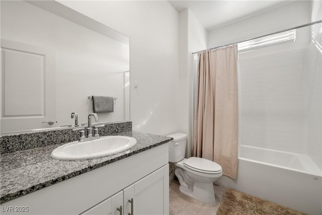 full bathroom featuring vanity, shower / tub combo, tile patterned flooring, and toilet