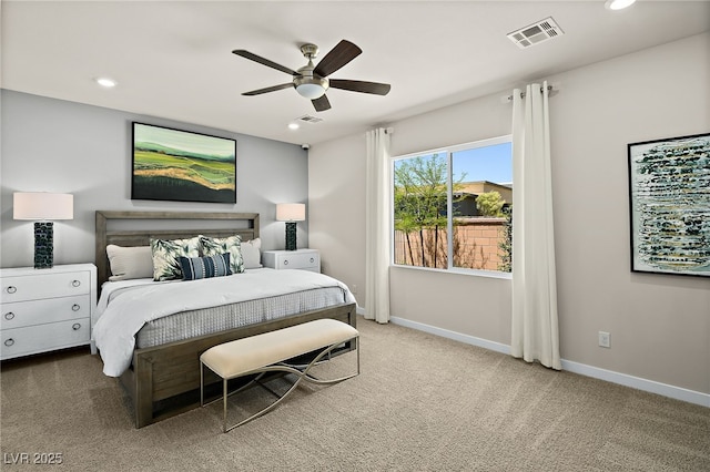 carpeted bedroom featuring ceiling fan