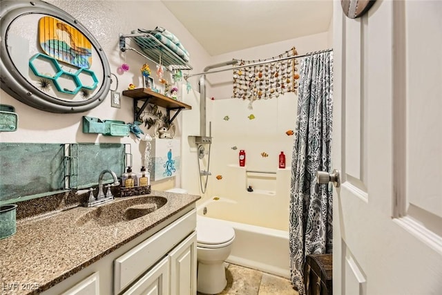 full bathroom with vanity, toilet, and shower / bathtub combination with curtain