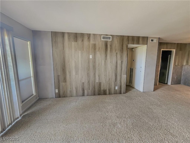 empty room featuring plenty of natural light, light colored carpet, and wooden walls