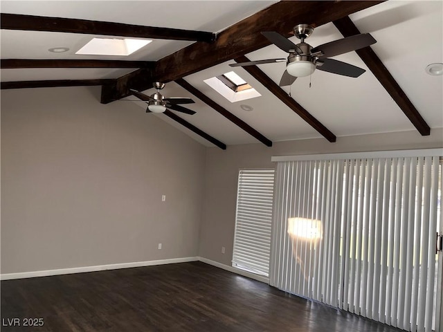 empty room featuring dark hardwood / wood-style flooring, vaulted ceiling with beams, and ceiling fan