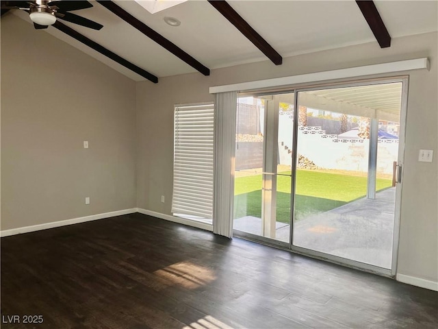 spare room with vaulted ceiling with beams, ceiling fan, and dark wood-type flooring