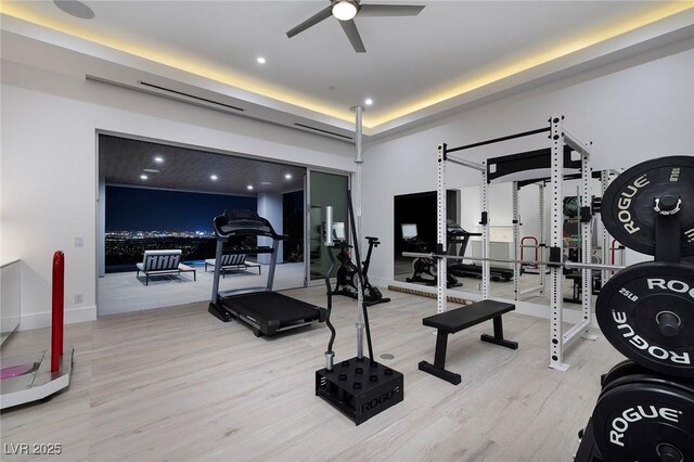 exercise area with wood-type flooring, a raised ceiling, and ceiling fan