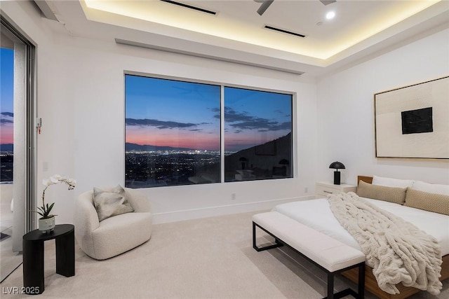 bedroom featuring ceiling fan, a raised ceiling, and carpet floors