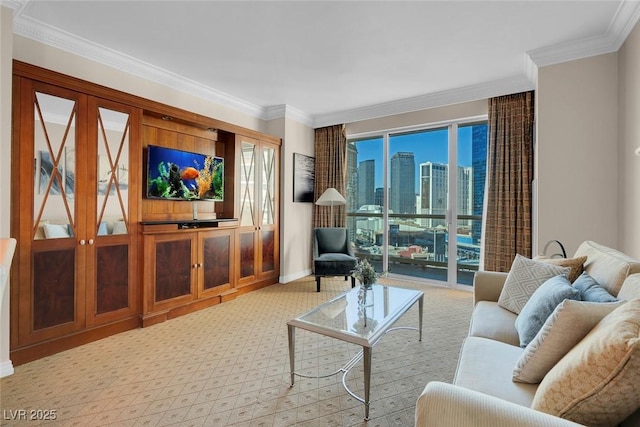 living room with light carpet, a wealth of natural light, and ornamental molding