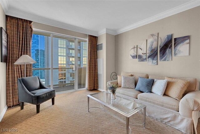 living room featuring ornamental molding