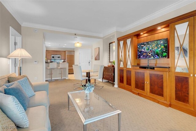 carpeted living room with crown molding