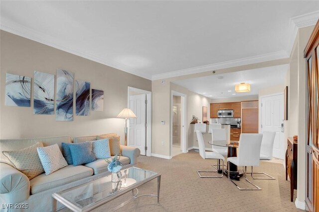 living room with light colored carpet and crown molding