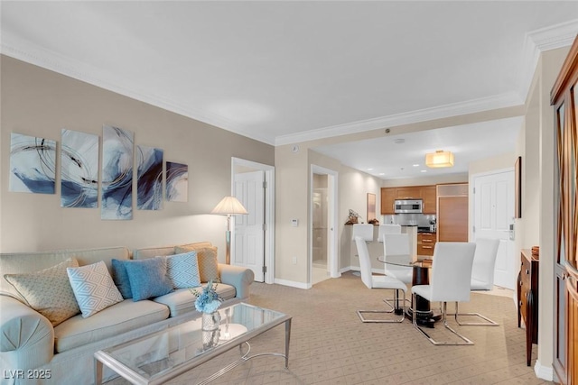 carpeted living room with ornamental molding