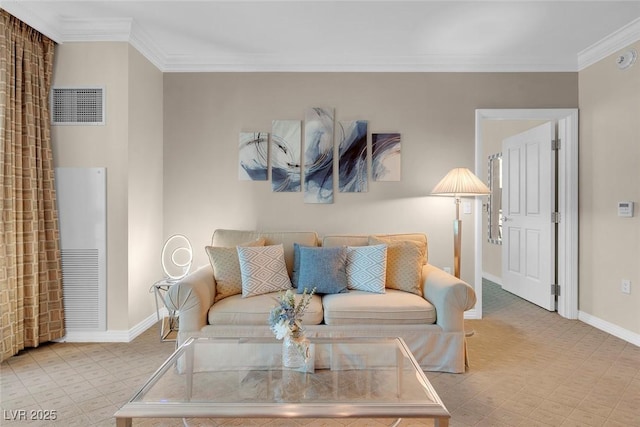 living room featuring crown molding