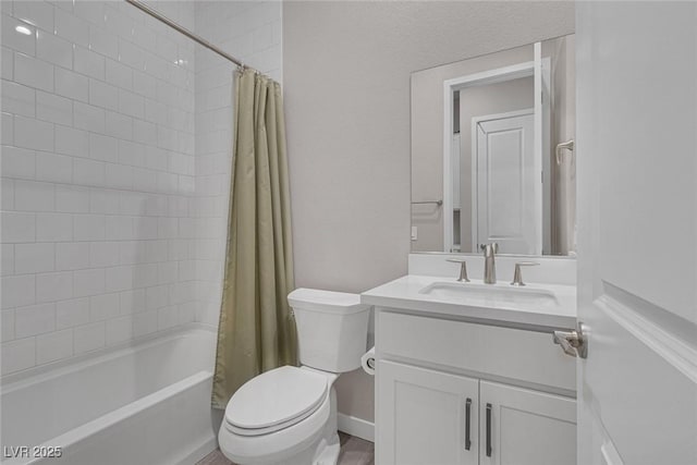 full bathroom featuring vanity, toilet, and shower / bathtub combination with curtain